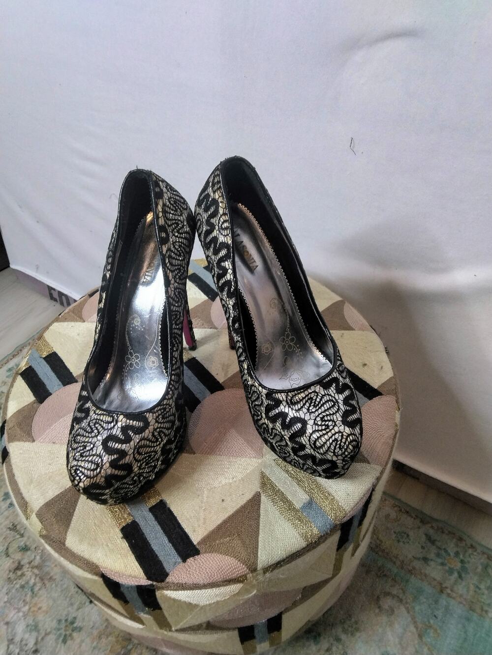 Y2K Lasonia Metallic Sky-High Stiletto Pumps Lace Overlay Sz 8 Homecoming Prom